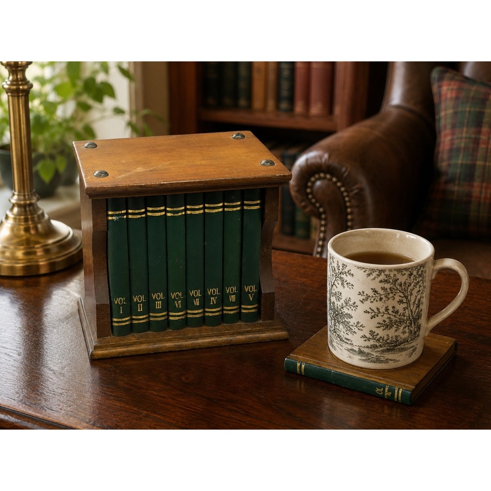 Vintage Japan Book Coasters Set of 8 Wood Cork Library Holder MCM Academia